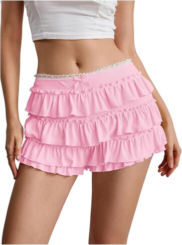 Verdusa Bloomers for Women Coquette Bloomer Cute Lace Trim Shorts Tiered Layered Mini Ruffle Shorts in Kuwait