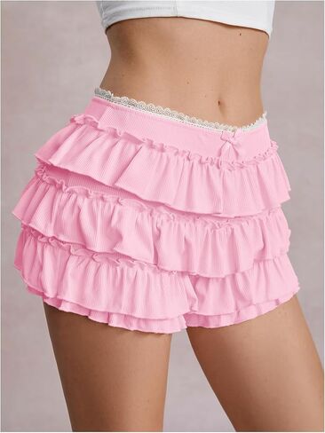 Verdusa Bloomers for Women Coquette Bloomer Cute Lace Trim Shorts Tiered Layered Mini Ruffle Shorts in Kuwait