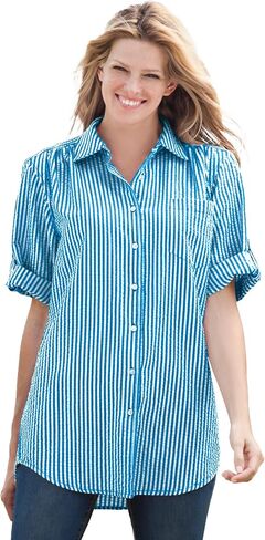 Woman Within Plus Size Petite Short-Sleeve Button Down Seersucker Shirt in Saudi Arabia