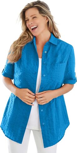 Woman Within Plus Size Petite Short-Sleeve Button Down Seersucker Shirt in Saudi Arabia