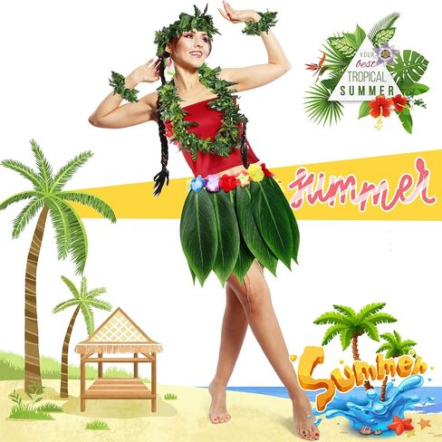 6 Pcs Hawaiian Woman Costume Include Hula Skirt Crop Top Hawaiian Flower Leis Necklace Bracelet for Halloween Cosplay in Saudi Arabia