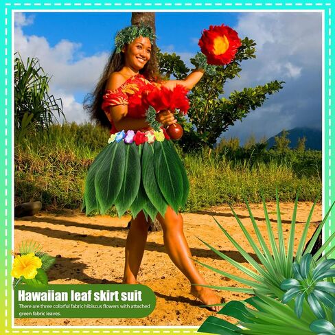 6 Pcs Hawaiian Woman Costume Include Hula Skirt Crop Top Hawaiian Flower Leis Necklace Bracelet for Halloween Cosplay in Saudi Arabia