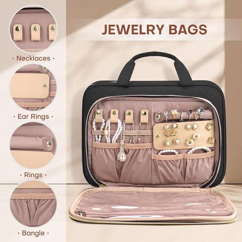 حقيبة زينة للوحدة زينة سفر 8L مع منظم المجوهرات للنساء-2.1 GAL GAL COSMET COSMETIC BAG مع ربط شامبو بحجم كامل الحجم ، أسود ، أسود in Kuwait