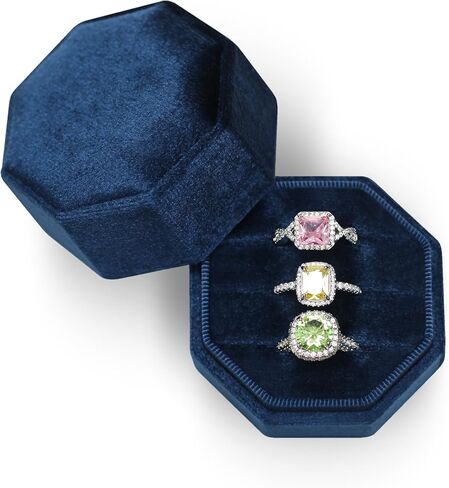 BLUTETE VELVET Jewelry Ring Box ، OCTAGON 3 SLOTS DAY DAY RING BOX ، PREMIUM VINTAGE RING DISPLAY HOLDER CASE لمشاركة حفل الزفاف (Champagne) in Kuwait