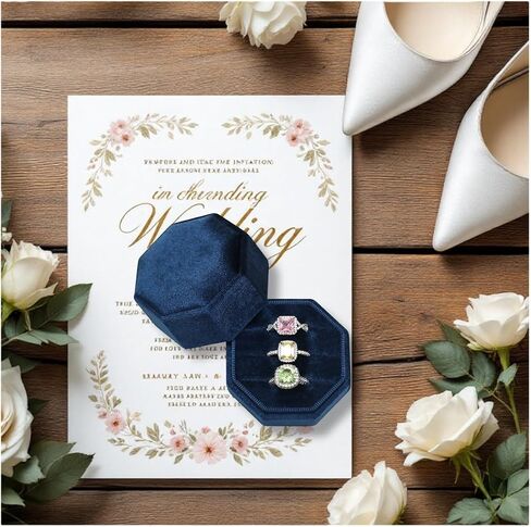 BLUTETE VELVET Jewelry Ring Box ، OCTAGON 3 SLOTS DAY DAY RING BOX ، PREMIUM VINTAGE RING DISPLAY HOLDER CASE لمشاركة حفل الزفاف (Champagne) in Kuwait