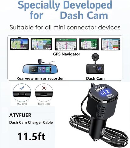 كابل شاحن كاميرا داش، سلك طاقة ملاحي GPS لكاميرا داش، مشغل MP3، GPS ملاح، شحن لسيارة 12 فولت وشاحنة 24 فولت، كابل محول طاقة للسيارة... in Kuwait