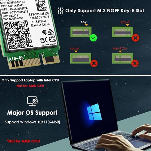 WAVLINK WiFi 7 Wireless Card, 8774Mbps Tri-Band BE200 M.2 NGFF Network Module with Bluetooth 5.4, MU-MIMO, WPA3, Support Windows 10/11(64-bit) Laptop, Not Support AMD in Saudi Arabia
