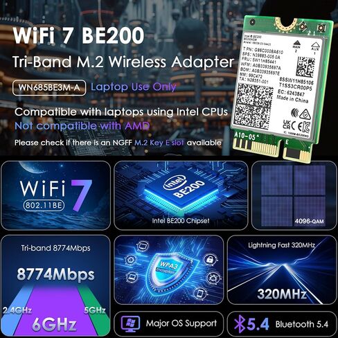 WAVLINK WiFi 7 Wireless Card, 8774Mbps Tri-Band BE200 M.2 NGFF Network Module with Bluetooth 5.4, MU-MIMO, WPA3, Support Windows 10/11(64-bit) Laptop, Not Support AMD in Saudi Arabia