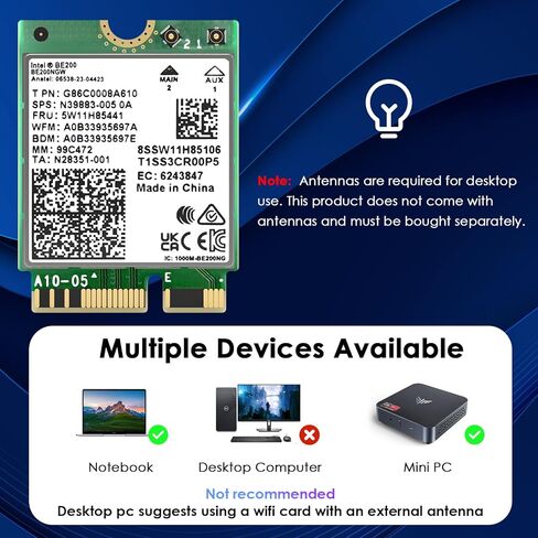 WAVLINK WiFi 7 Wireless Card, 8774Mbps Tri-Band BE200 M.2 NGFF Network Module with Bluetooth 5.4, MU-MIMO, WPA3, Support Windows 10/11(64-bit) Laptop, Not Support AMD in Saudi Arabia