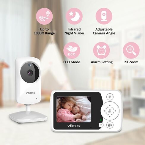 جهاز مراقبة الطفل بالفيديو مع كاميرا وصوت، شاشة LCD مقاس 5 بوصات بدون WiFi، صوت ثنائي الاتجاه، رؤية ليلية، نطاق 1000 قدم، عرض درجة حرارة تكبير 2X، Lullaby Elderly Pet in Saudi Arabia