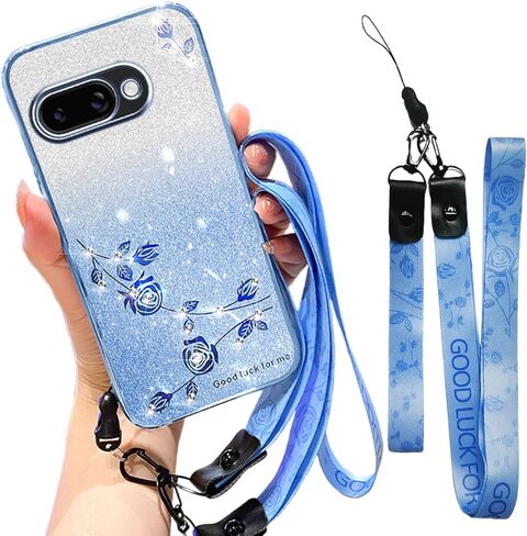 for Google Pixel 9A Case,Glitter with Crossbody Lanyard for Women, Bling Sparkle Flowers Floral Soft TPU Clear Cover with Shoulder Strap Wristband for Google Pixel 9A-YSS Pink in Kuwait