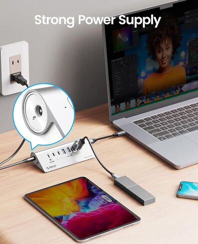 ORICO 7 Port USB Hub 10Gbps, Aluminum USB 3.2 Gen 2 Hub, 6 USB 3.2 Data Ports, 1 PD 60W Charging Ports, 24V 3A Power Adapter, 3.28Ft A to C Cable, USB Data Hub for Laptop in Kuwait