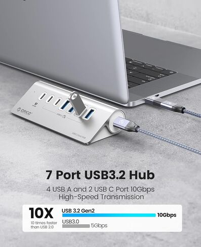 ORICO 7 Port USB Hub 10Gbps, Aluminum USB 3.2 Gen 2 Hub, 6 USB 3.2 Data Ports, 1 PD 60W Charging Ports, 24V 3A Power Adapter, 3.28Ft A to C Cable, USB Data Hub for Laptop in Kuwait