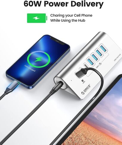ORICO 7 Port USB Hub 10Gbps, Aluminum USB 3.2 Gen 2 Hub, 6 USB 3.2 Data Ports, 1 PD 60W Charging Ports, 24V 3A Power Adapter, 3.28Ft A to C Cable, USB Data Hub for Laptop in Kuwait