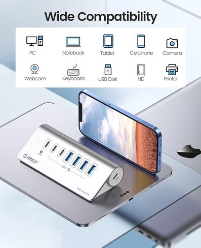 ORICO 7 Port USB Hub 10Gbps, Aluminum USB 3.2 Gen 2 Hub, 6 USB 3.2 Data Ports, 1 PD 60W Charging Ports, 24V 3A Power Adapter, 3.28Ft A to C Cable, USB Data Hub for Laptop in Kuwait