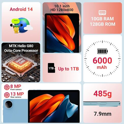 DigiLand 10.1" Android Tablet 12GB RAM 128GB ROM, Helio G80 Octa-Core, HD Incell Display, 12H Battery Life, Dual Cameras & Metal Design – Wi-Fi 5/Bluetooth 5.0 in Kuwait