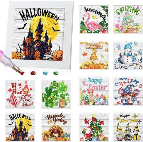 Trandraft 13 Pcs Interchangeable Seasonal Diamond Painting Kits Christmas Diamond Art Kits with Frame Seasonal Cute Cartoon Diamond Painting for Holiday Christmas Home Table Decor Art Craft Gifts in Kuwait