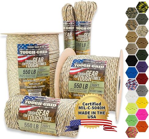TOUGH-GRID Premium 550lb Paracord Rope -200ft - Forest Camo - 100% Nylon Type III Mil-Spec - UV & Abrasion Resistant - Heavy Duty Strands - Outdoor Survival Rope - Used by US Military - Made in USA in Kuwait