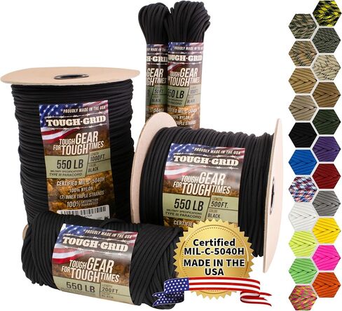 TOUGH-GRID Premium 550lb Paracord Rope -200ft - Forest Camo - 100% Nylon Type III Mil-Spec - UV & Abrasion Resistant - Heavy Duty Strands - Outdoor Survival Rope - Used by US Military - Made in USA in Kuwait