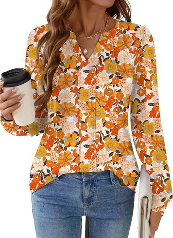AKEWEI Womens Long Sleeve V Neck Shirts Pleated Business Casual Blouses Fall Loose Tunic Tops in Saudi Arabia