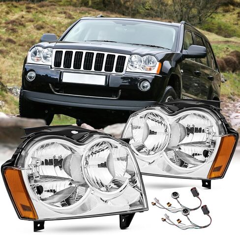 2PCS Headlights Assembly For 2005 2006 2007 Jeep Grand Cherokee(WK) Laredo Limited Overland SRT8 SUV Replacement Headlamps Passenger and Driver Side Chrome Housing Amber Reflector in Kuwait