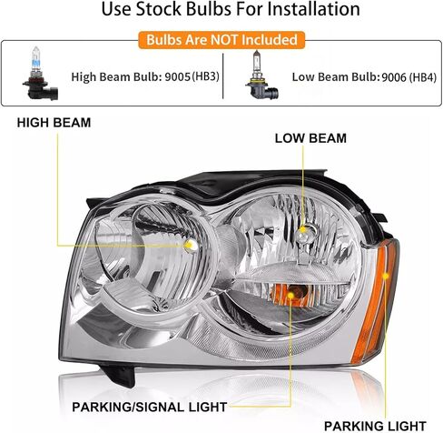 2PCS Headlights Assembly For 2005 2006 2007 Jeep Grand Cherokee(WK) Laredo Limited Overland SRT8 SUV Replacement Headlamps Passenger and Driver Side Chrome Housing Amber Reflector in Kuwait