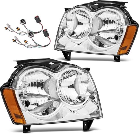 2PCS Headlights Assembly For 2005 2006 2007 Jeep Grand Cherokee(WK) Laredo Limited Overland SRT8 SUV Replacement Headlamps Passenger and Driver Side Chrome Housing Amber Reflector in Kuwait