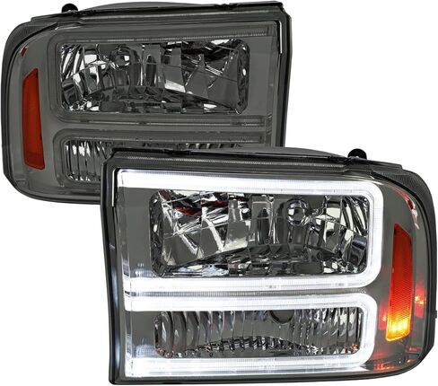 المواصفات المصابيح الأمامية للدخان الأسود للمواصفات D مع شريط LED متوافق مع عام 1999-2004 Ford F-250 ، F-350 ، F-450 Superduty ، 2000-2004 ، مجموعة Left + Head Lights Assembly in Kuwait