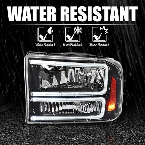 المواصفات المصابيح الأمامية للدخان الأسود للمواصفات D مع شريط LED متوافق مع عام 1999-2004 Ford F-250 ، F-350 ، F-450 Superduty ، 2000-2004 ، مجموعة Left + Head Lights Assembly in Kuwait