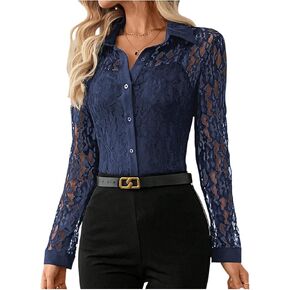 SOLY HUX Women's Lace Sheer Button Down Blouse Long Sleeve Collared Shirts Old Money Outfits in Saudi Arabia
