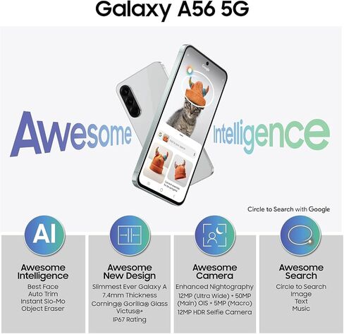 SAMSUNG Galaxy A56 5G Ai (for Tmobile Mint Tello & Global) (256GB + 12GB) Version Latina Unlocked SM-A566E/DS 6.6" 120Hz 50MP Triple (Awesome Graphite SM-A566EZADTPA) in Saudi Arabia