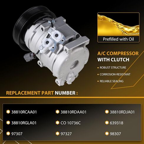 AC Compressor with Clutch Compatible with Honda Accord, Odyssey, Pilot, Ridgeline & Acura MDX, TL, 3.0L 3.2L 3.5L- Replaces 38810RCAA01, 98307, 97307, 639318, CO 10736C in Saudi Arabia