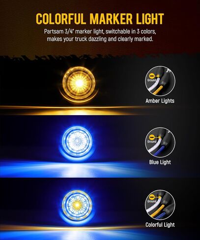 Partsam 10Pcs 3/4 Inch 3 Colors Led Side Marker Lights Amber to Blue Auxiliary Light, Clear Lens Clearance Bullet Lights Indicator Penny Light with Trim Ring Bezel for Trailer Truck RV Bus Waterproof in Saudi Arabia