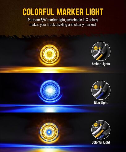Partsam 10Pcs 3/4 Inch 3 Colors Led Side Marker Lights Amber to Blue Auxiliary Light, Clear Lens Clearance Bullet Lights Indicator Penny Light with Trim Ring Bezel for Trailer Truck RV Bus Waterproof in Saudi Arabia