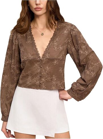 SHENHE Women's Floral Embroidered Long Sleeve Button Crop Blouse Sheer Dressy Top Shirt in Kuwait