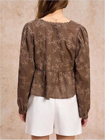 SHENHE Women's Floral Embroidered Long Sleeve Button Crop Blouse Sheer Dressy Top Shirt in Kuwait