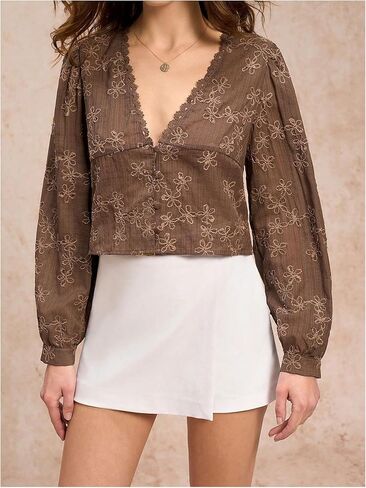 SHENHE Women's Floral Embroidered Long Sleeve Button Crop Blouse Sheer Dressy Top Shirt in Kuwait