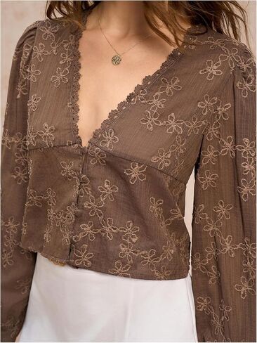 SHENHE Women's Floral Embroidered Long Sleeve Button Crop Blouse Sheer Dressy Top Shirt in Kuwait