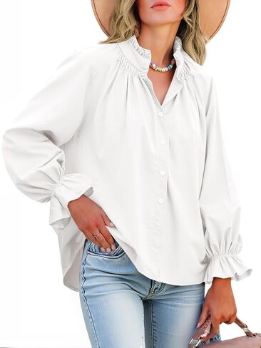 Tankaneo Womens Puff Long Sleeve Button Down Shirts Pleated V Neck Cotton Blouses Loose Fit Casual Ruffle Tops in Saudi Arabia