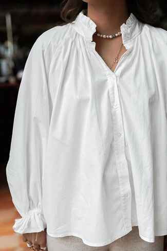 Tankaneo Womens Puff Long Sleeve Button Down Shirts Pleated V Neck Cotton Blouses Loose Fit Casual Ruffle Tops in Saudi Arabia