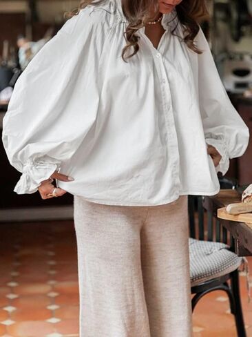 Tankaneo Womens Puff Long Sleeve Button Down Shirts Pleated V Neck Cotton Blouses Loose Fit Casual Ruffle Tops in Saudi Arabia