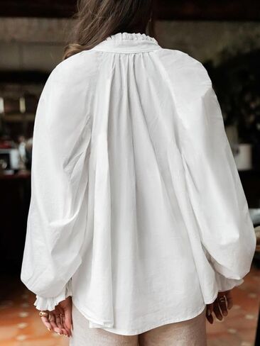 Tankaneo Womens Puff Long Sleeve Button Down Shirts Pleated V Neck Cotton Blouses Loose Fit Casual Ruffle Tops in Saudi Arabia