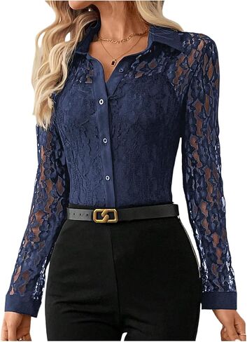 SOLY HUX Women's Lace Sheer Button Down Blouse Long Sleeve Collared Shirts Old Money Outfits in Saudi Arabia