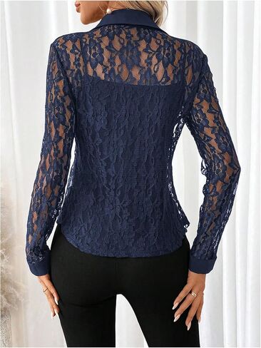 SOLY HUX Women's Lace Sheer Button Down Blouse Long Sleeve Collared Shirts Old Money Outfits in Saudi Arabia