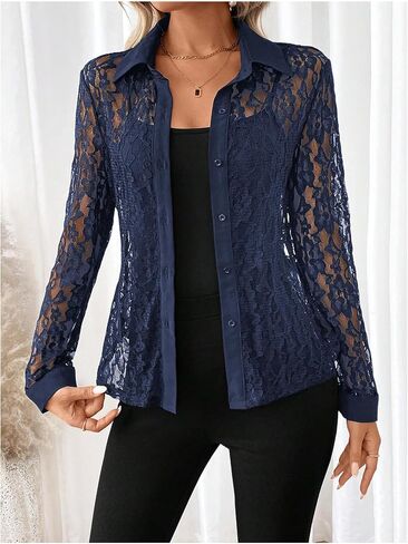 SOLY HUX Women's Lace Sheer Button Down Blouse Long Sleeve Collared Shirts Old Money Outfits in Saudi Arabia