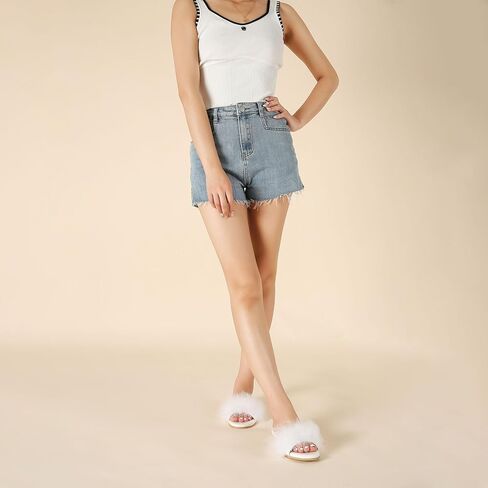 LIURUIJIA Women's Fluffy Feather Slippers Fur Slide Flat Sandals Cozy Slip On Stylish Summer Casual Party Indoor Outdoor Flats Shoes in Kuwait