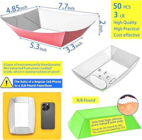 MotBach 100 Pack 2Lb Colorful Paper Food Boat Trays Disposable Paper Boats, Kraft Food Boats, Paper Food Serving Tray Boat Plate for Snack Popcorn Dessset Burger Hotdog Sandwich Taco Fries Nacho in Kuwait