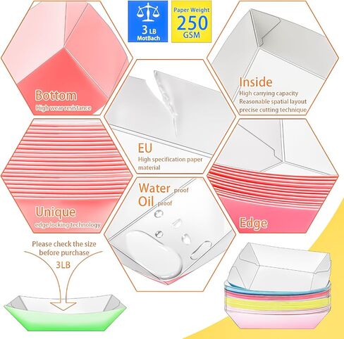 MotBach 100 Pack 2Lb Colorful Paper Food Boat Trays Disposable Paper Boats, Kraft Food Boats, Paper Food Serving Tray Boat Plate for Snack Popcorn Dessset Burger Hotdog Sandwich Taco Fries Nacho in Kuwait