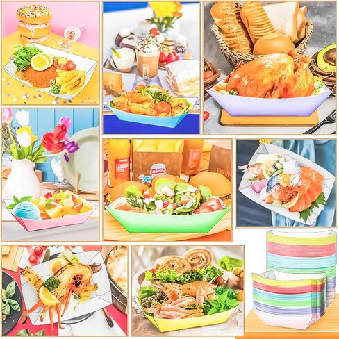 MotBach 100 Pack 2Lb Colorful Paper Food Boat Trays Disposable Paper Boats, Kraft Food Boats, Paper Food Serving Tray Boat Plate for Snack Popcorn Dessset Burger Hotdog Sandwich Taco Fries Nacho in Kuwait