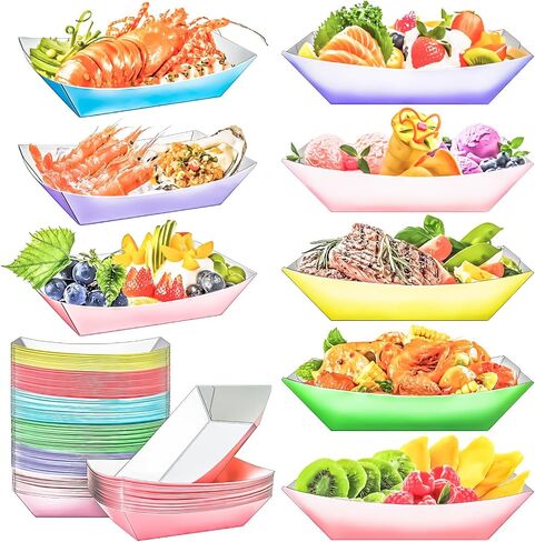 MotBach 100 Pack 2Lb Colorful Paper Food Boat Trays Disposable Paper Boats, Kraft Food Boats, Paper Food Serving Tray Boat Plate for Snack Popcorn Dessset Burger Hotdog Sandwich Taco Fries Nacho in Kuwait